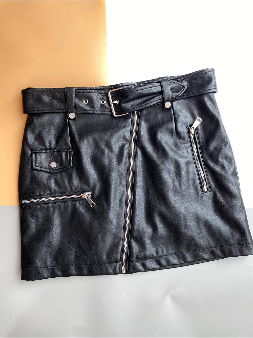 Avec Les Filles Black Faux Leather Zip & Belt Mini Skirt